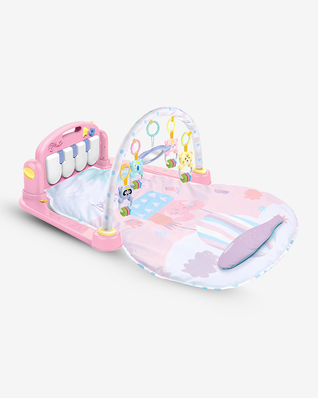 ثلاثة في واحد: بساط، قوس ألعاب قابل للفصل، وبيانو يعمل بالرّكل أو اللمس، مساحة أكبر