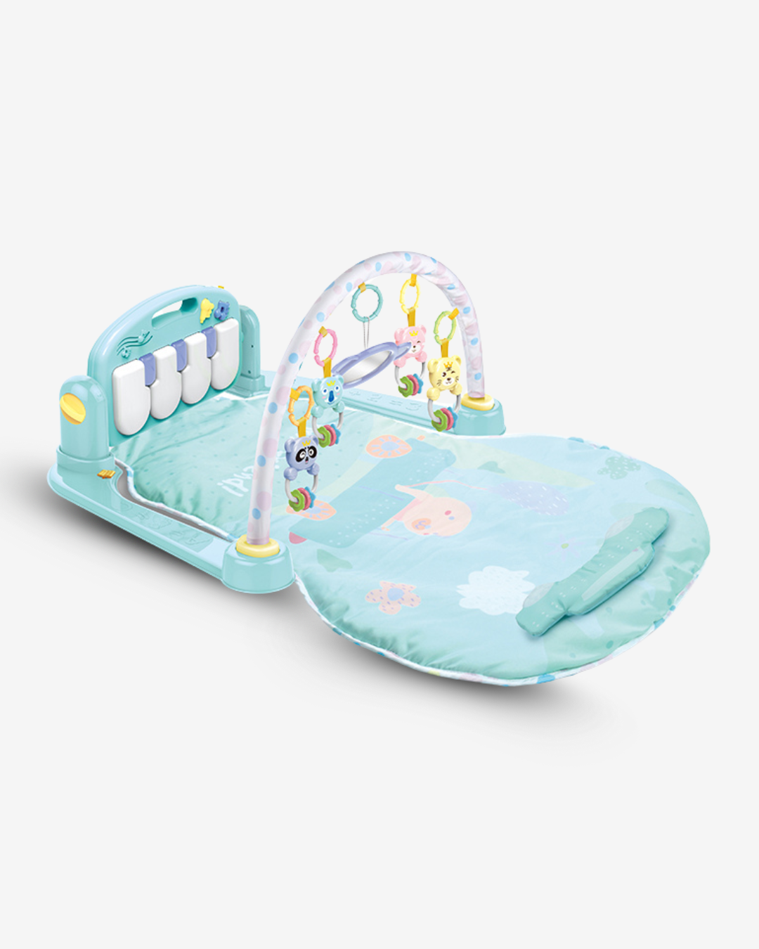 ثلاثة في واحد: بساط، قوس ألعاب قابل للفصل، وبيانو يعمل بالرّكل أو اللمس، مساحة أكبر